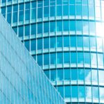 Underside,Panoramic,And,Perspective,View,To,Steel,Blue,Glass,High